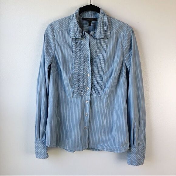 BCBG Maxazria Blue Pinstripes Button Down Shirt Casual Work Women Size Medium - Picture 1 of 6